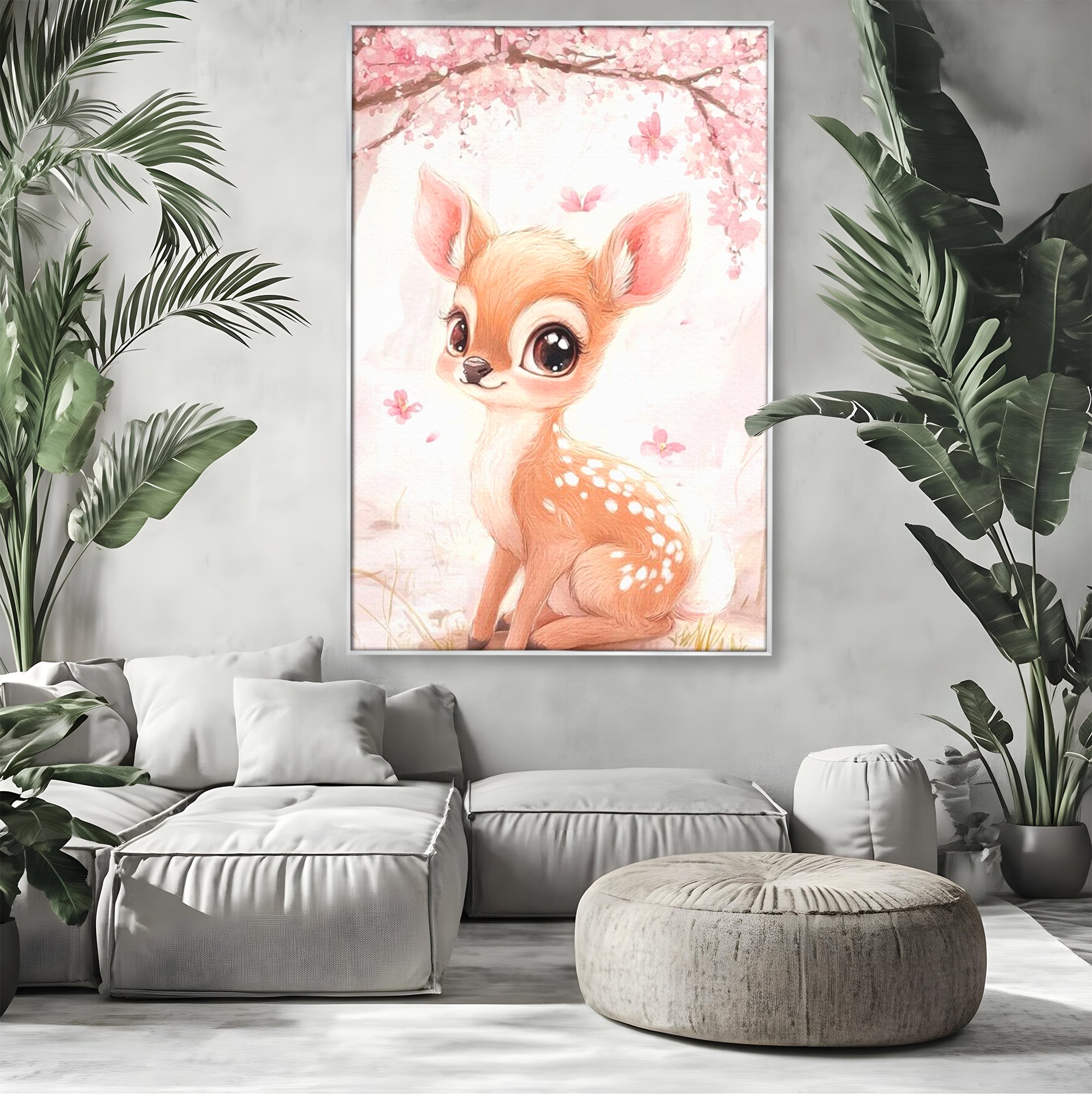 Tablou canvas cu ilustratie cu un pui de caprioara, in rama de aluminiu argintiu, pe perete intr-un living